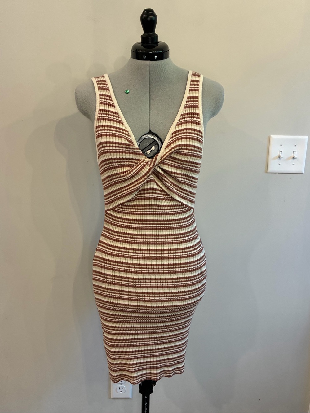 Abercrombie & Fitch Brown and Cream Striped Twist-Front Midi Dress
